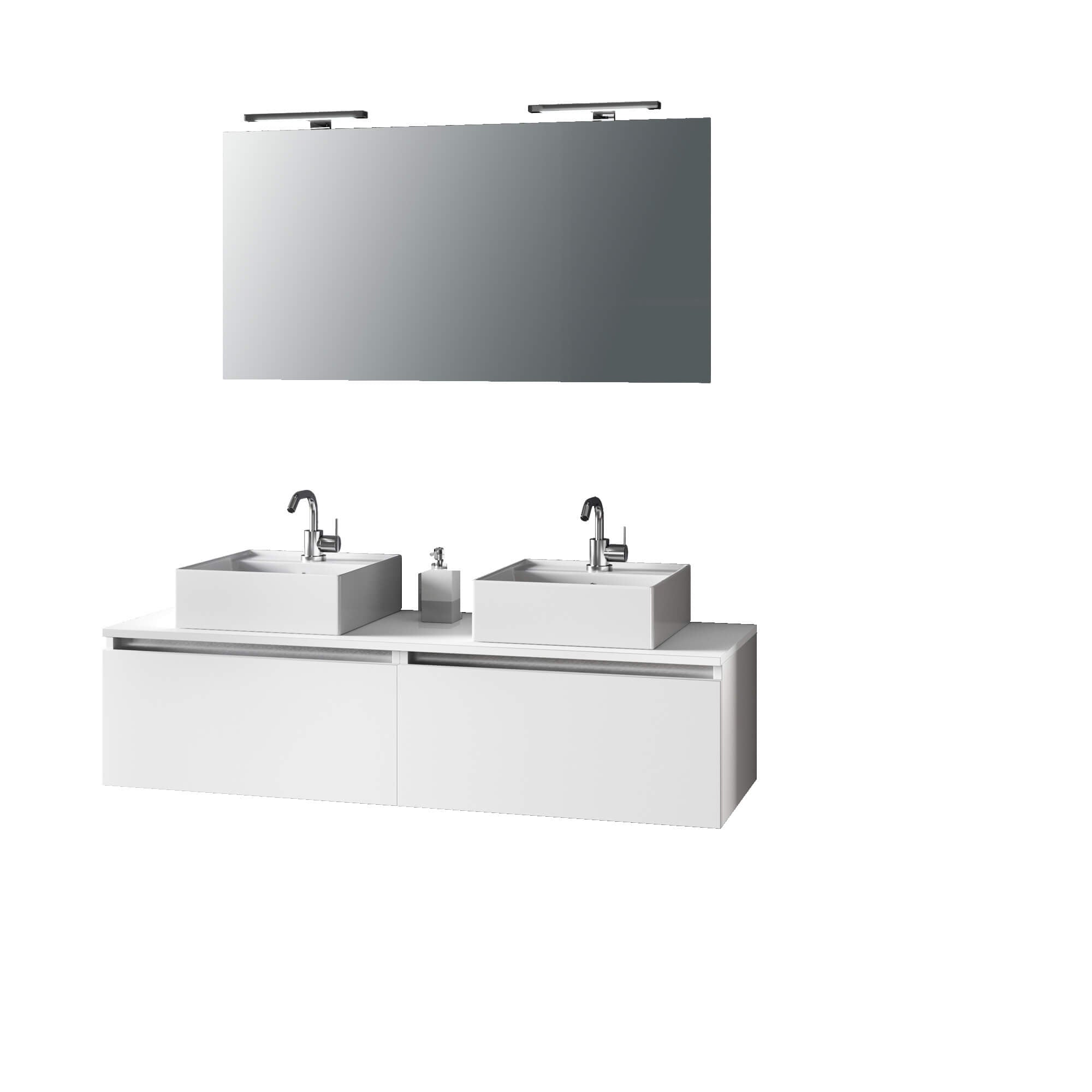 Mobile Bagno 140cm Con Doppio Lavabo, Base Con Cassetto, Specchio E Lampada Bianco