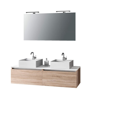 Mobile Bagno 140cm Con Doppio Lavabo, Base Con Cassetto, Specchio E Lampada Tabacco Chiaro