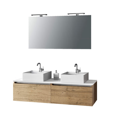 Mobile Bagno 140cm Con Doppio Lavabo, Base Con Cassetto, Specchio E Lampada Rovere Miele