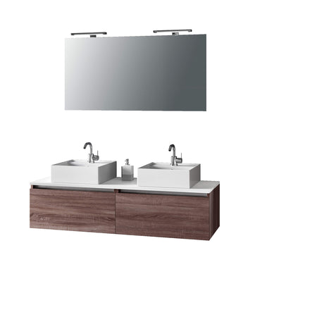 Mobile Bagno 140cm Con Doppio Lavabo, Base Con Cassetto, Specchio E Lampada Tabacco Scuro