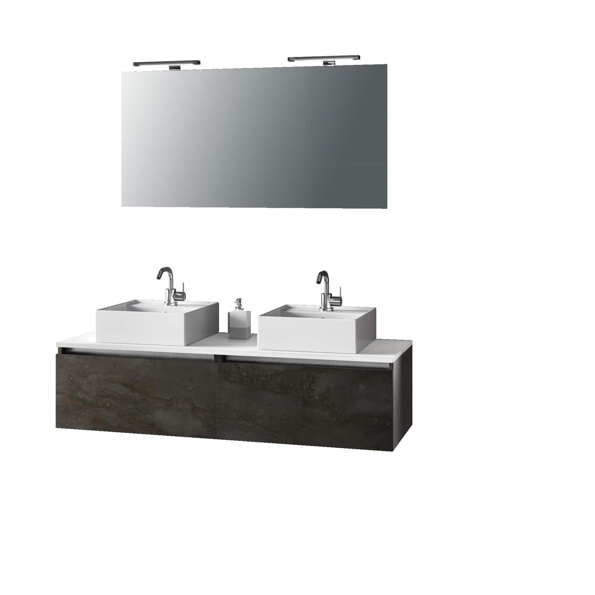 Mobile Bagno 140cm Con Doppio Lavabo, Base Con Cassetto, Specchio E Lampada Ossido