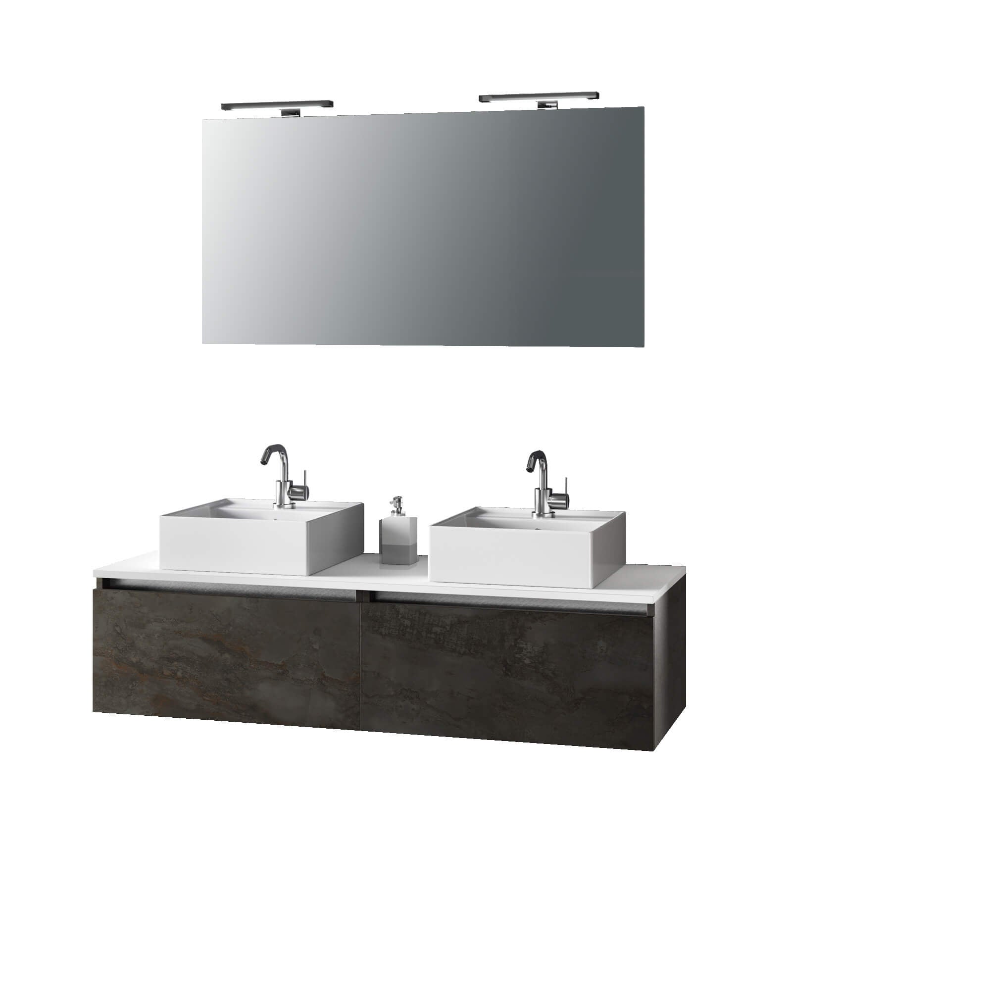 Mobile Bagno 140cm Con Doppio Lavabo, Base Con Cassetto, Specchio E Lampada Ossido