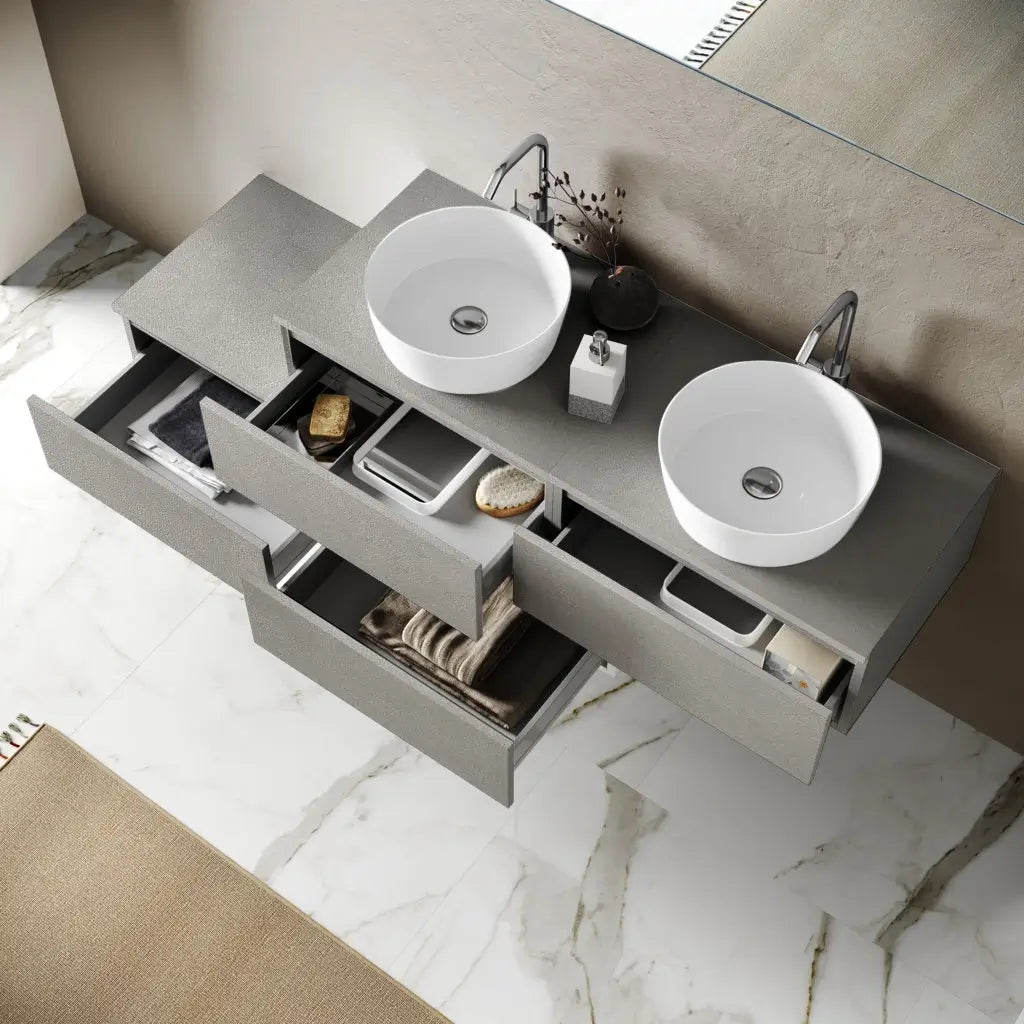 Mobile Bagno 160cm Con Doppio Lavabo, 4 Basi Con Cassetti E Specchio Con Lampada