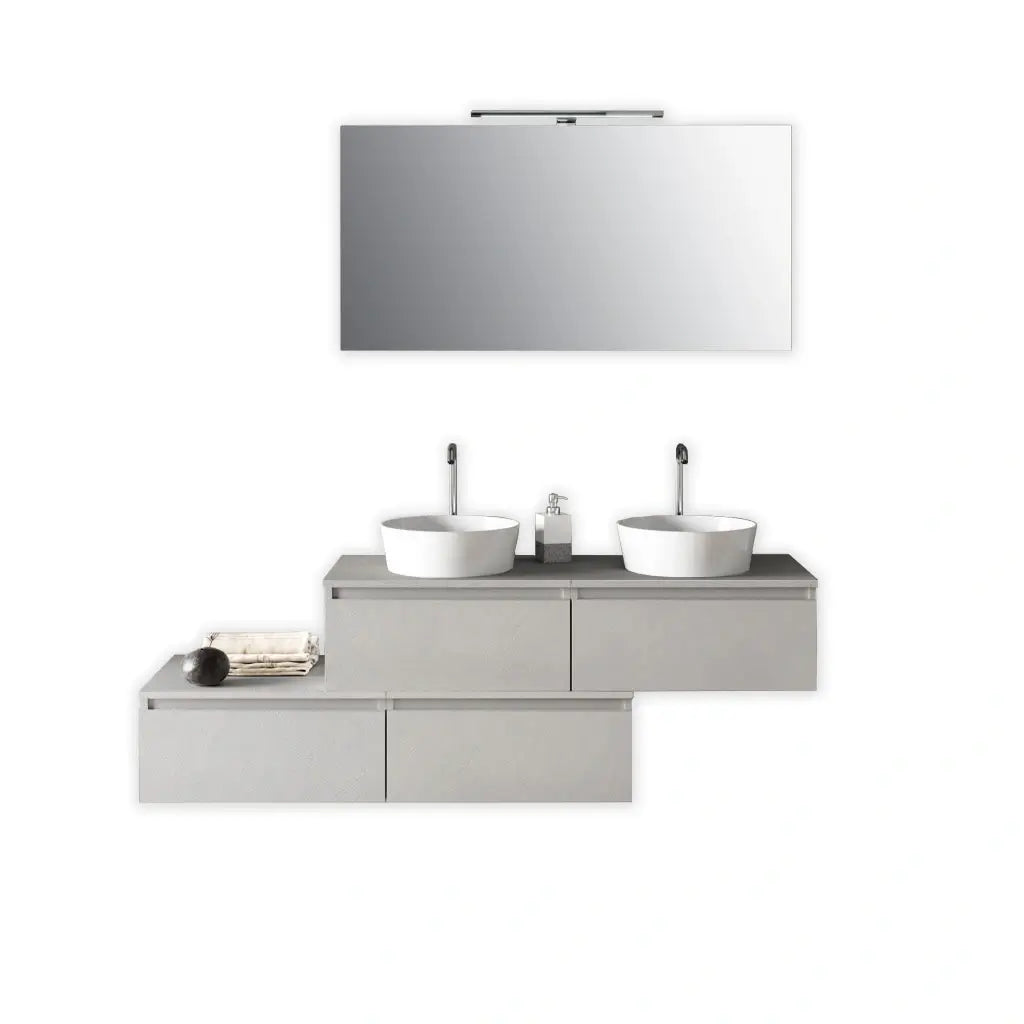 Mobile Bagno 160cm Con Doppio Lavabo, 4 Basi Con Cassetti E Specchio Con Lampada Bianco Effetto Pietra