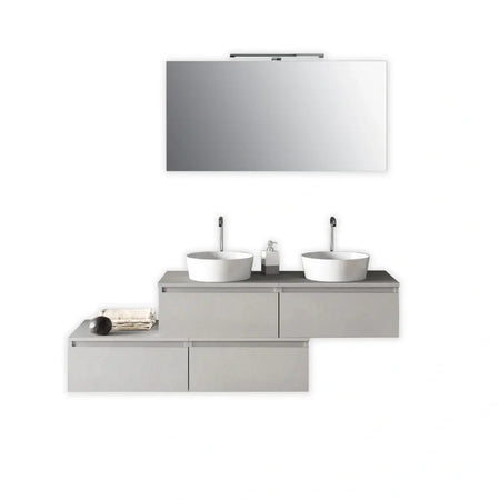 Mobile Bagno 160cm Con Doppio Lavabo, 4 Basi Con Cassetti E Specchio Con Lampada Bianco Effetto Pietra