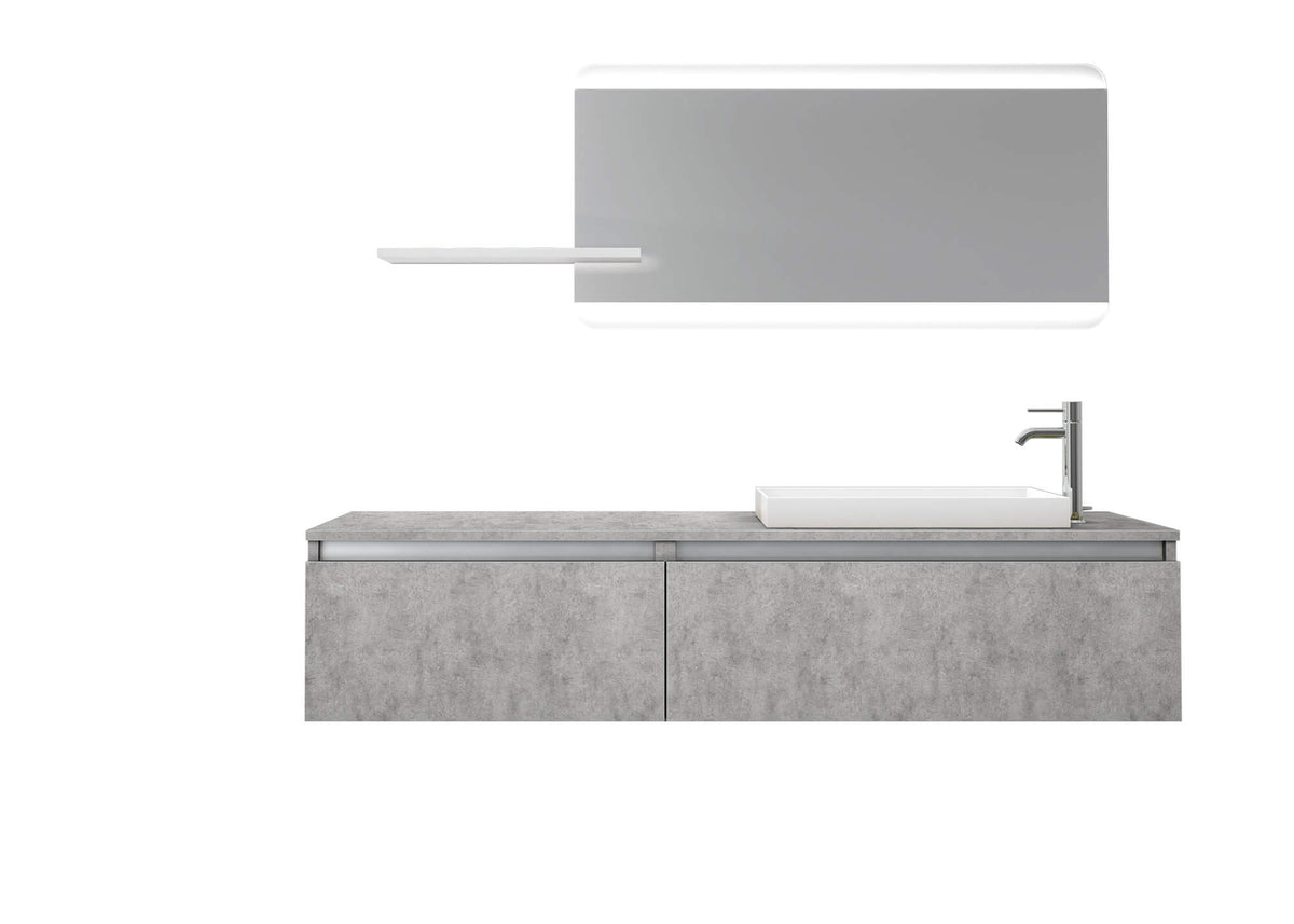 Mobile Bagno 170cm Sospeso, Due Cassetti, Lavabo, Specchio LED Integrato e Mensola Cemento