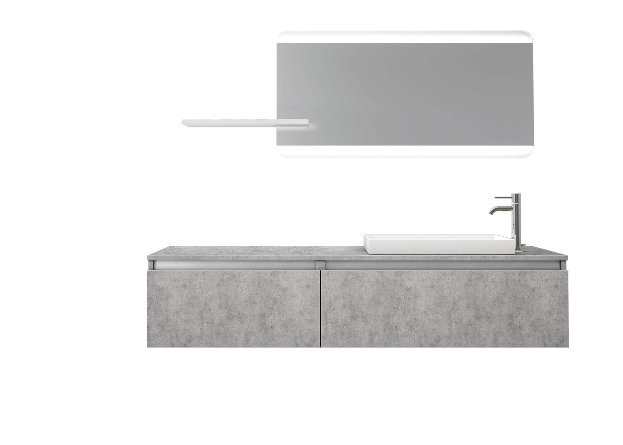 Mobile Bagno 170cm Sospeso, Due Cassetti, Lavabo, Specchio LED Integrato e Mensola Cemento
