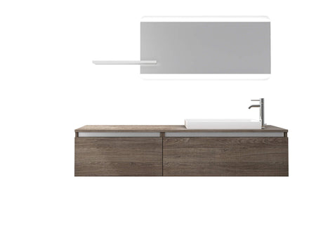 Mobile Bagno 170cm Sospeso, Due Cassetti, Lavabo, Specchio LED Integrato e Mensola Tabacco Scuro