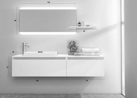 Mobile Bagno 170cm Sospeso, Due Cassetti, Lavabo, Specchio LED Integrato e Mensola