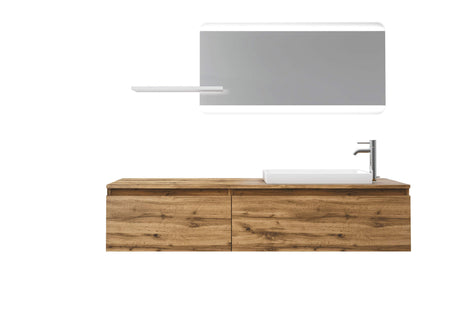 Mobile Bagno 170cm Sospeso, Due Cassetti, Lavabo, Specchio LED Integrato e Mensola Rovere Miele