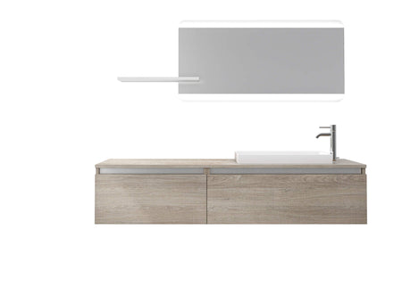 Mobile Bagno 170cm Sospeso, Due Cassetti, Lavabo, Specchio LED Integrato e Mensola Tabacco Chiaro