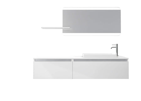 Mobile Bagno 170cm Sospeso, Due Cassetti, Lavabo, Specchio LED Integrato e Mensola Laccato Bianco Opaco