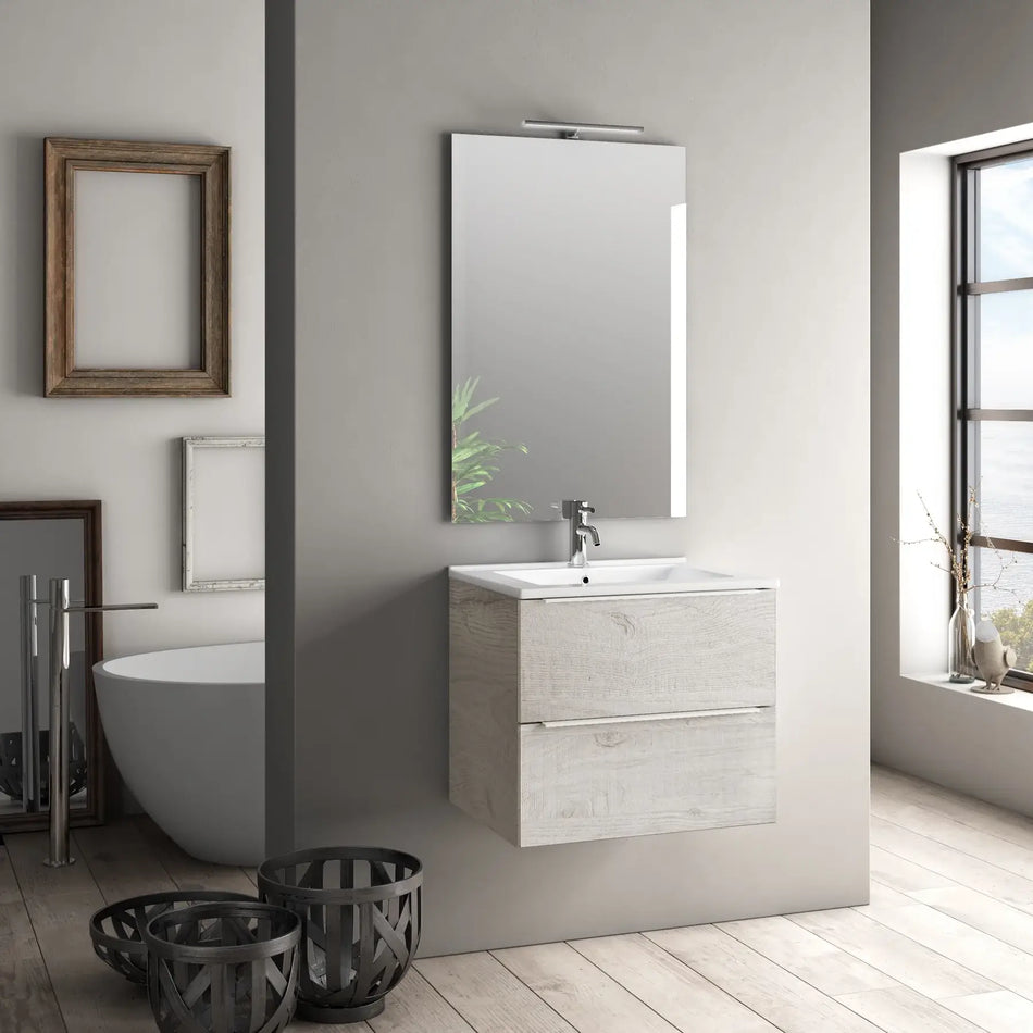 Mobile Bagno 60cm Sospeso Con 2 Cassetti e Specchio con Lampada LED