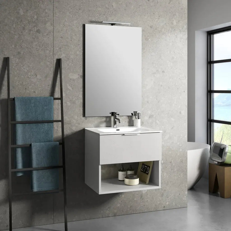 Mobile Bagno 60cm Sospeso Con Cassetto, Vano E Specchio Bianco Effetto Pietra