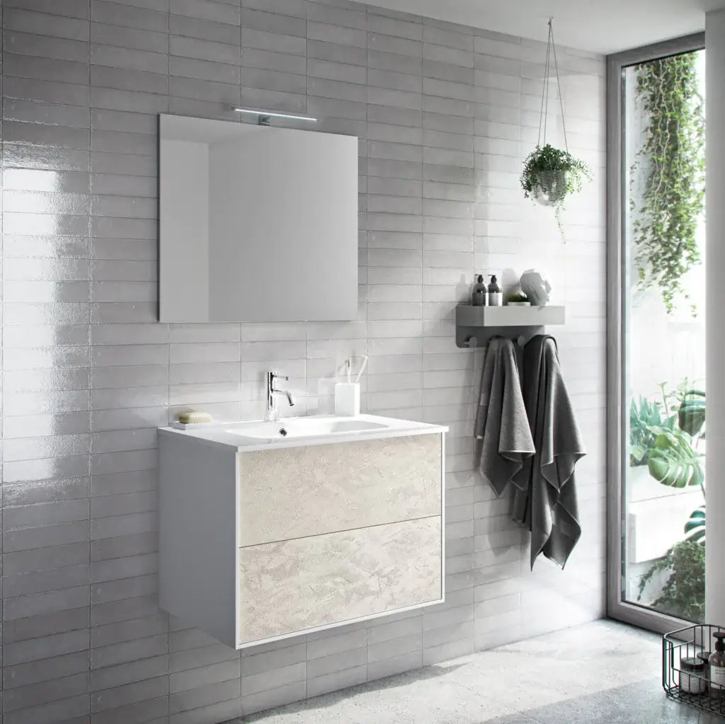 Mobile Bagno 60cm Sospeso Due Cassetti e Specchio Avana Effetto Pietra