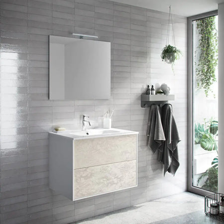 Mobile Bagno 60cm Sospeso Due Cassetti e Specchio Avana Effetto Pietra