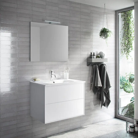 Mobile Bagno 60cm Sospeso Due Cassetti e Specchio Bianco Opaco