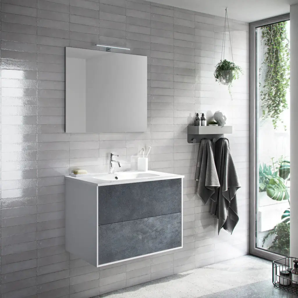 Mobile Bagno 60cm Sospeso Due Cassetti e Specchio Blu Effetto Pietra