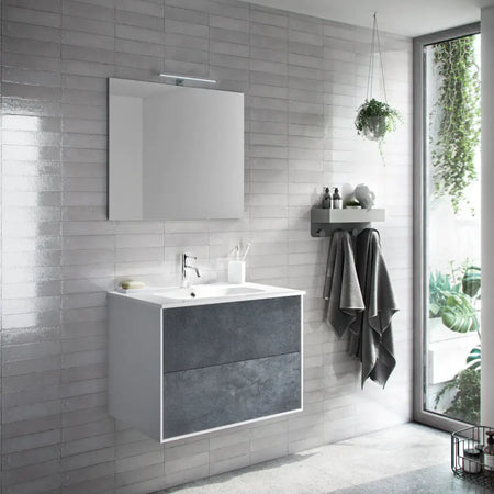 Mobile Bagno 60cm Sospeso Due Cassetti e Specchio Blu Effetto Pietra