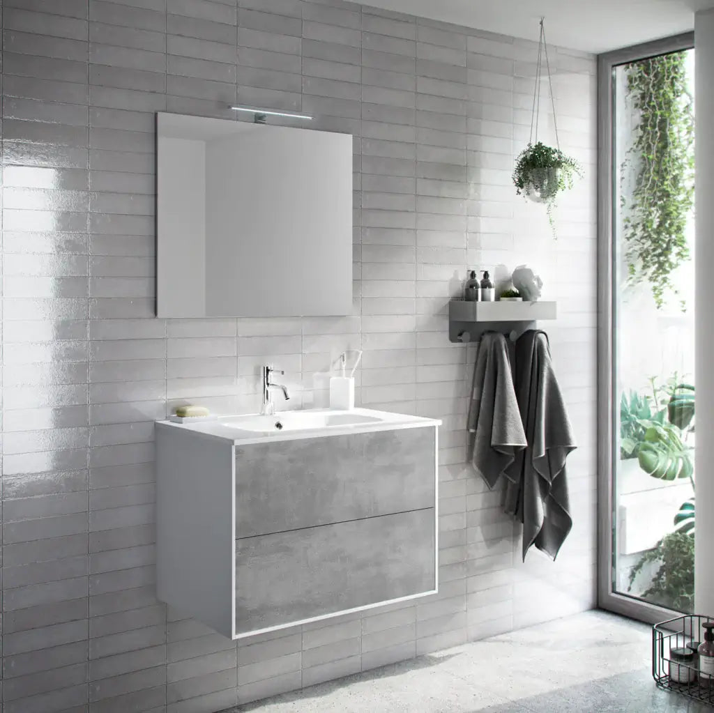 Mobile Bagno 60cm Sospeso Due Cassetti e Specchio Cemento