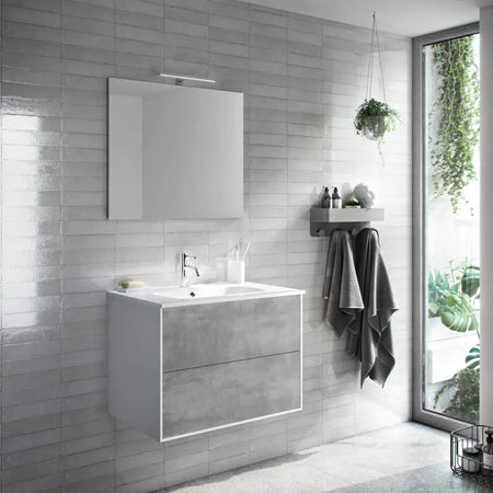 Mobile Bagno 60cm Sospeso Due Cassetti e Specchio Cemento