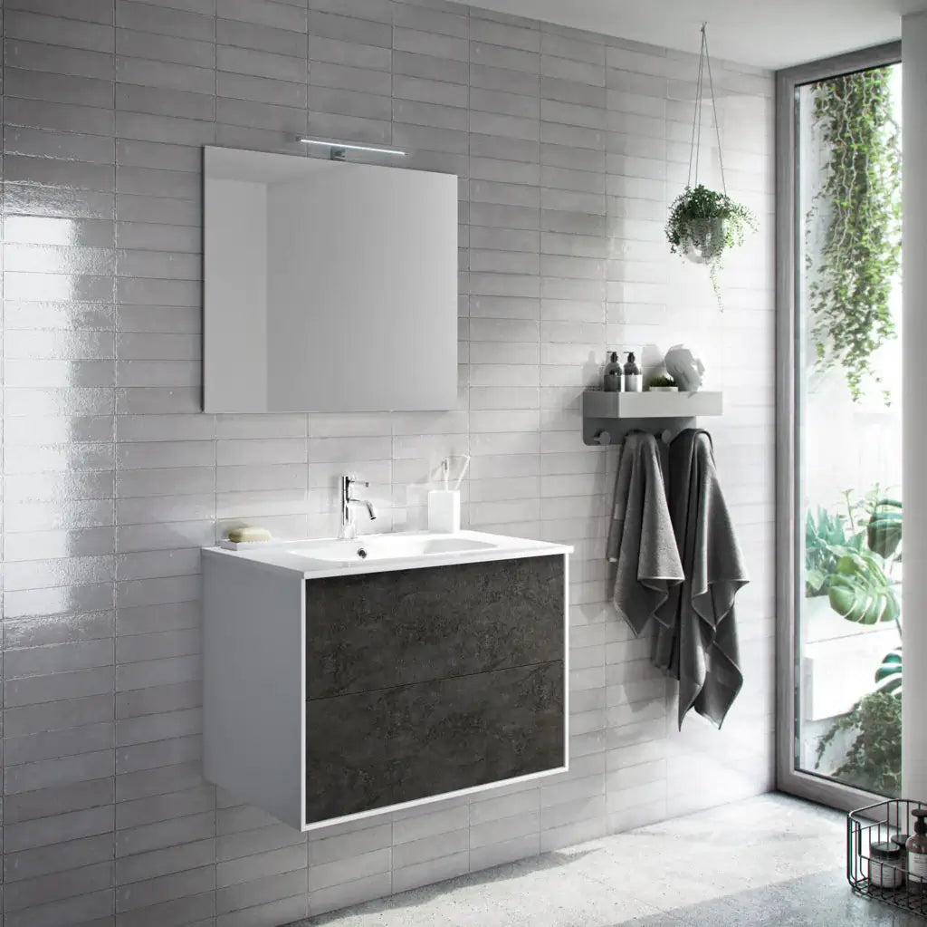 Mobile Bagno 60cm Sospeso Due Cassetti e Specchio Ossido