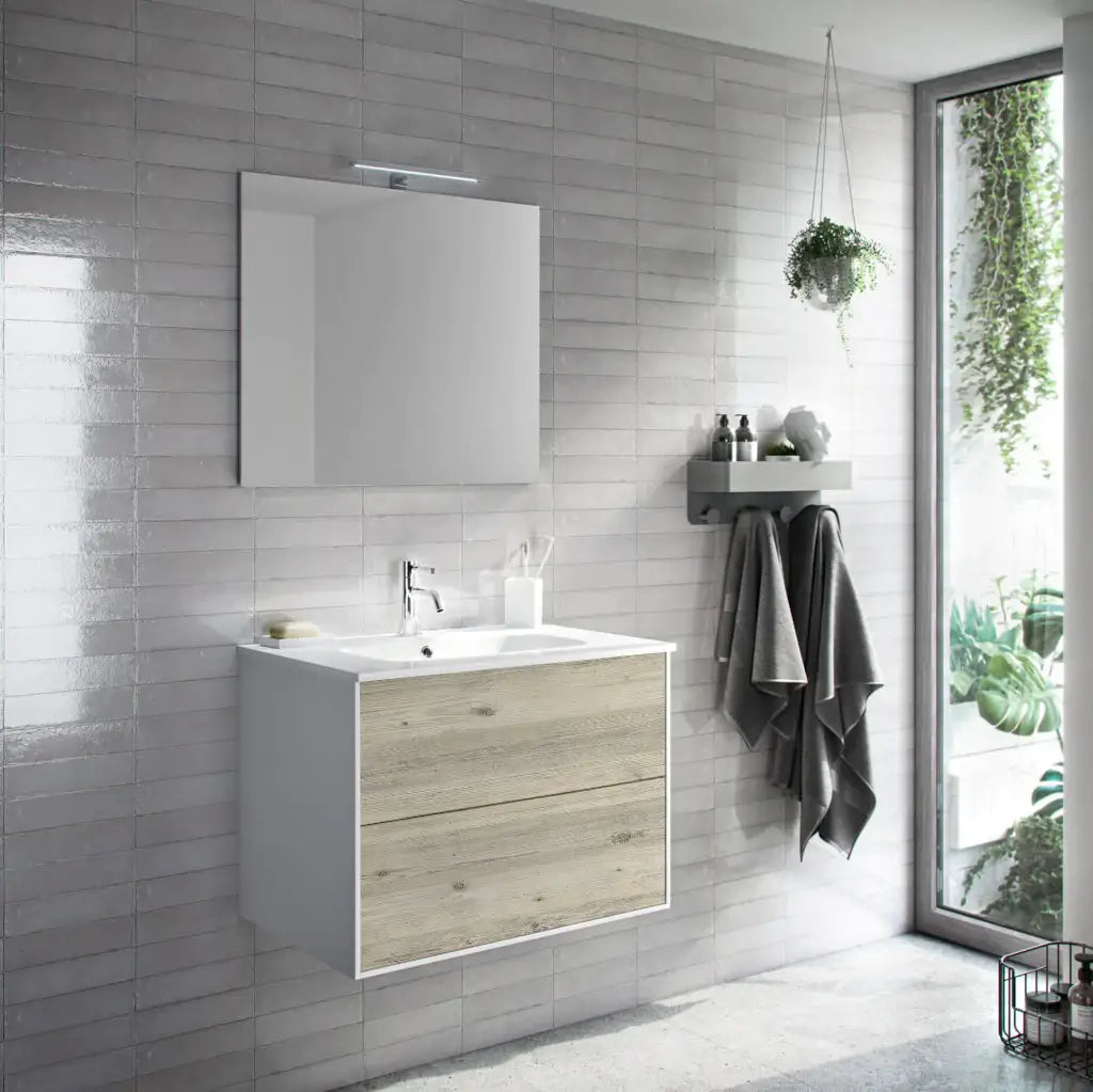 Mobile Bagno 60cm Sospeso Due Cassetti e Specchio Pino Artico