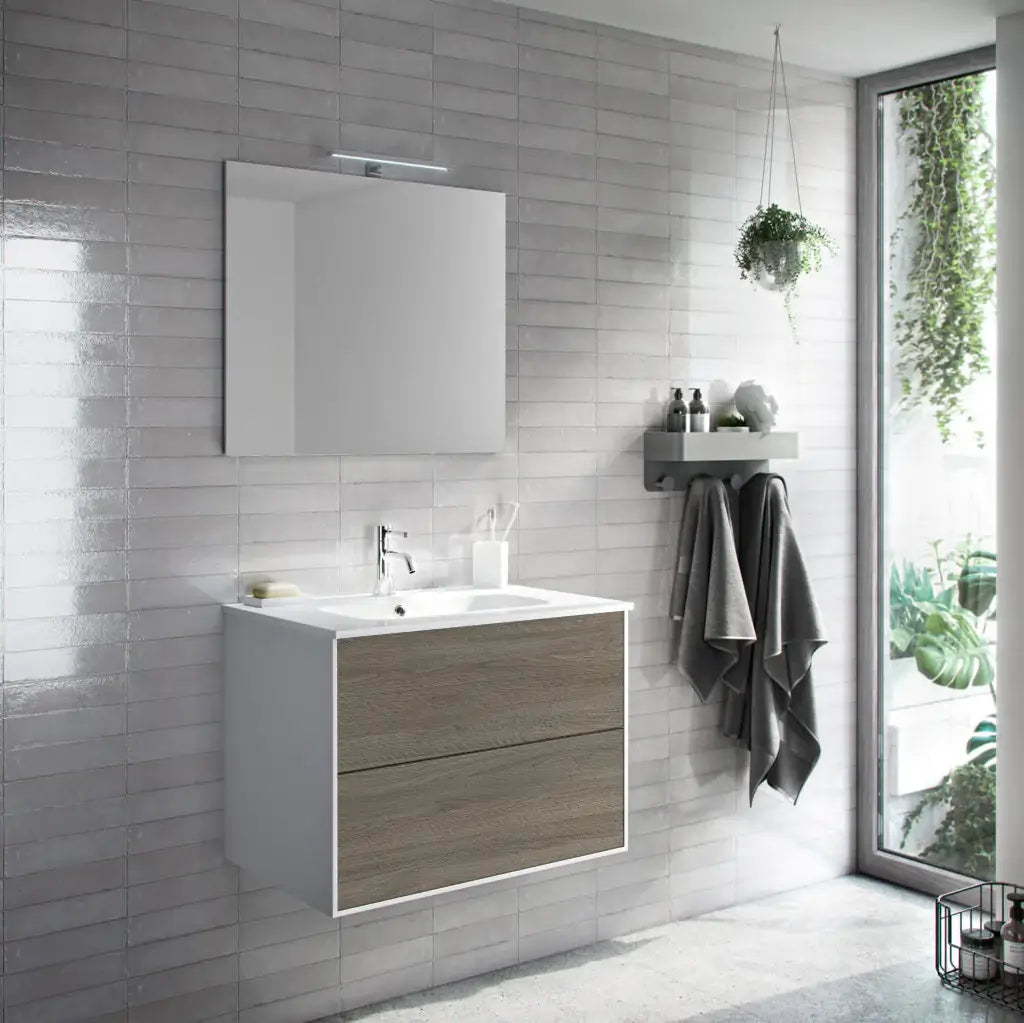 Mobile Bagno 60cm Sospeso Due Cassetti e Specchio Rovere Cenere