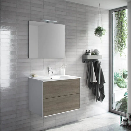 Mobile Bagno 60cm Sospeso Due Cassetti e Specchio Rovere Cenere