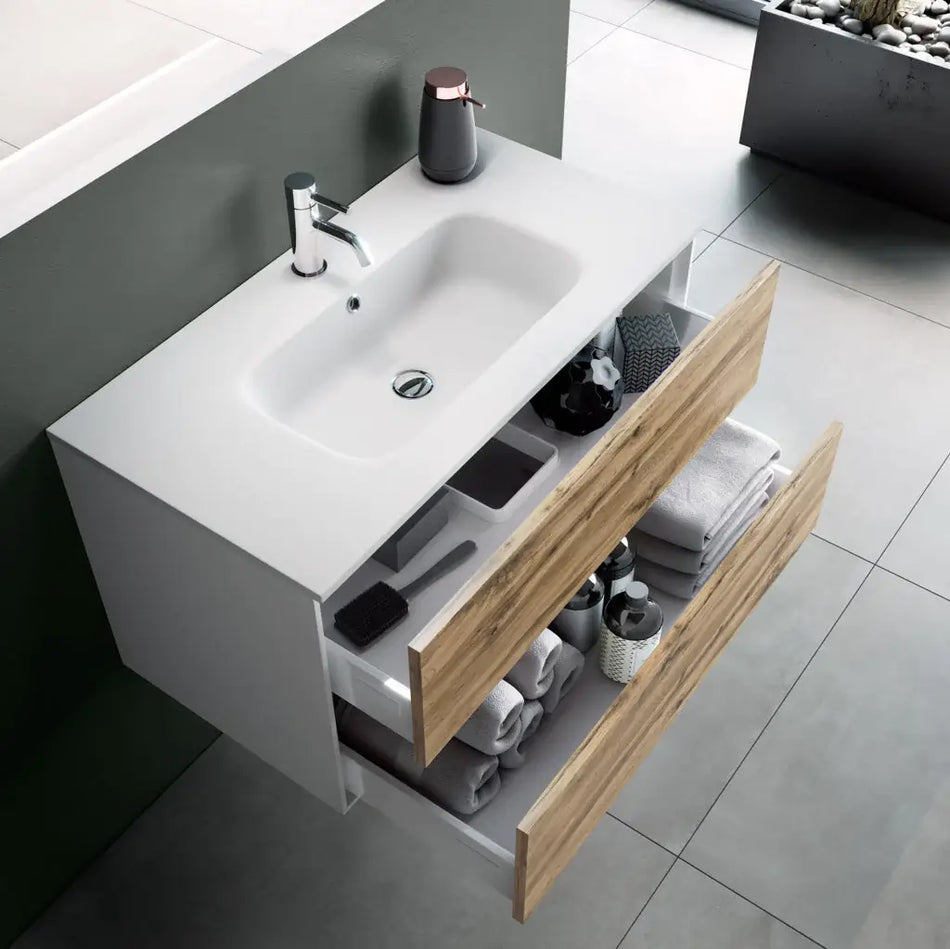 Mobile Bagno 60cm Sospeso Due Cassetti e Specchio