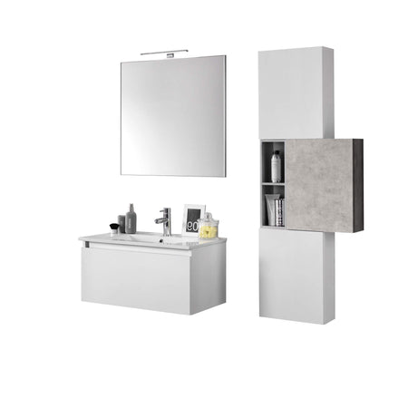 Mobile Bagno 70cm Sospeso Cassetto, Colonna Pensile, Vano a Giorno, Specchio E Lampada Laccato Bianco Opaco + Cemento