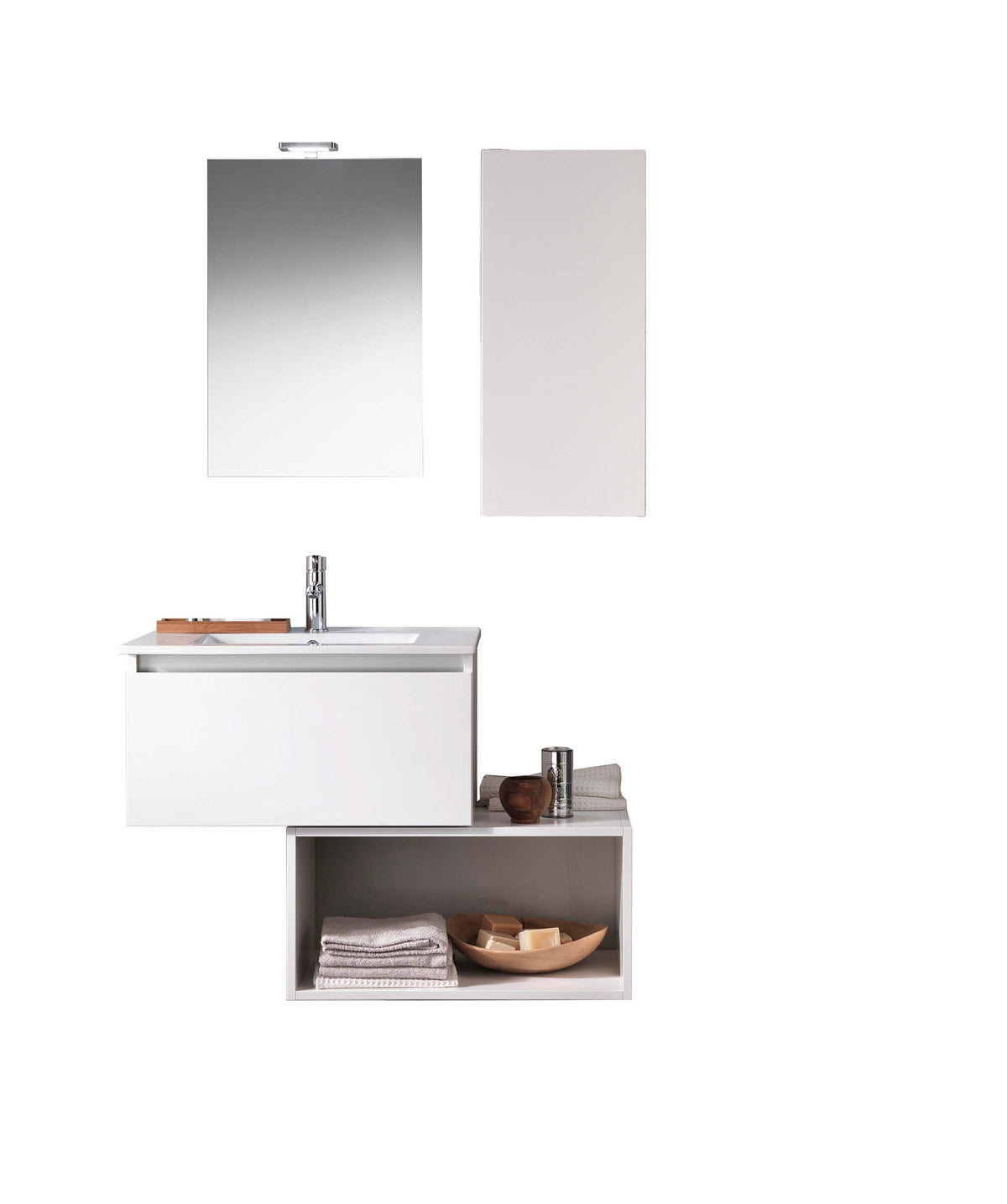 Mobile Bagno 70cm Sospeso Cassetto, Pensile, Vano a Giorno, Specchio E Lampada Laccato Bianco Opaco