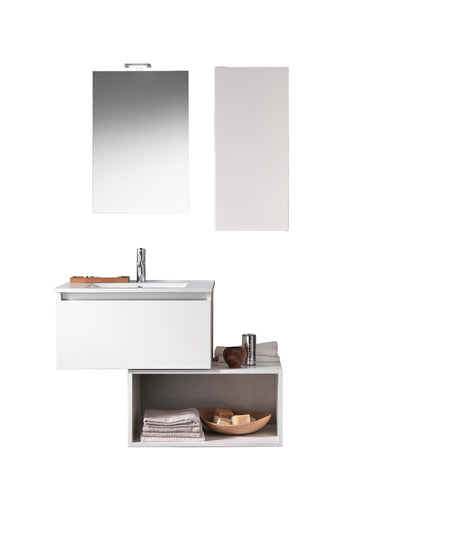 Mobile Bagno 70cm Sospeso Cassetto, Pensile, Vano a Giorno, Specchio E Lampada Laccato Bianco Opaco