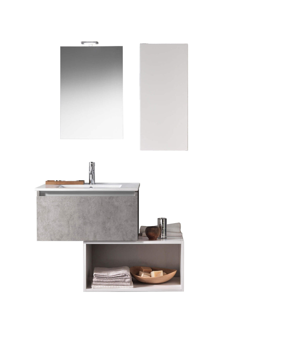 Mobile Bagno 70cm Sospeso Cassetto, Pensile, Vano a Giorno, Specchio E Lampada Cemento