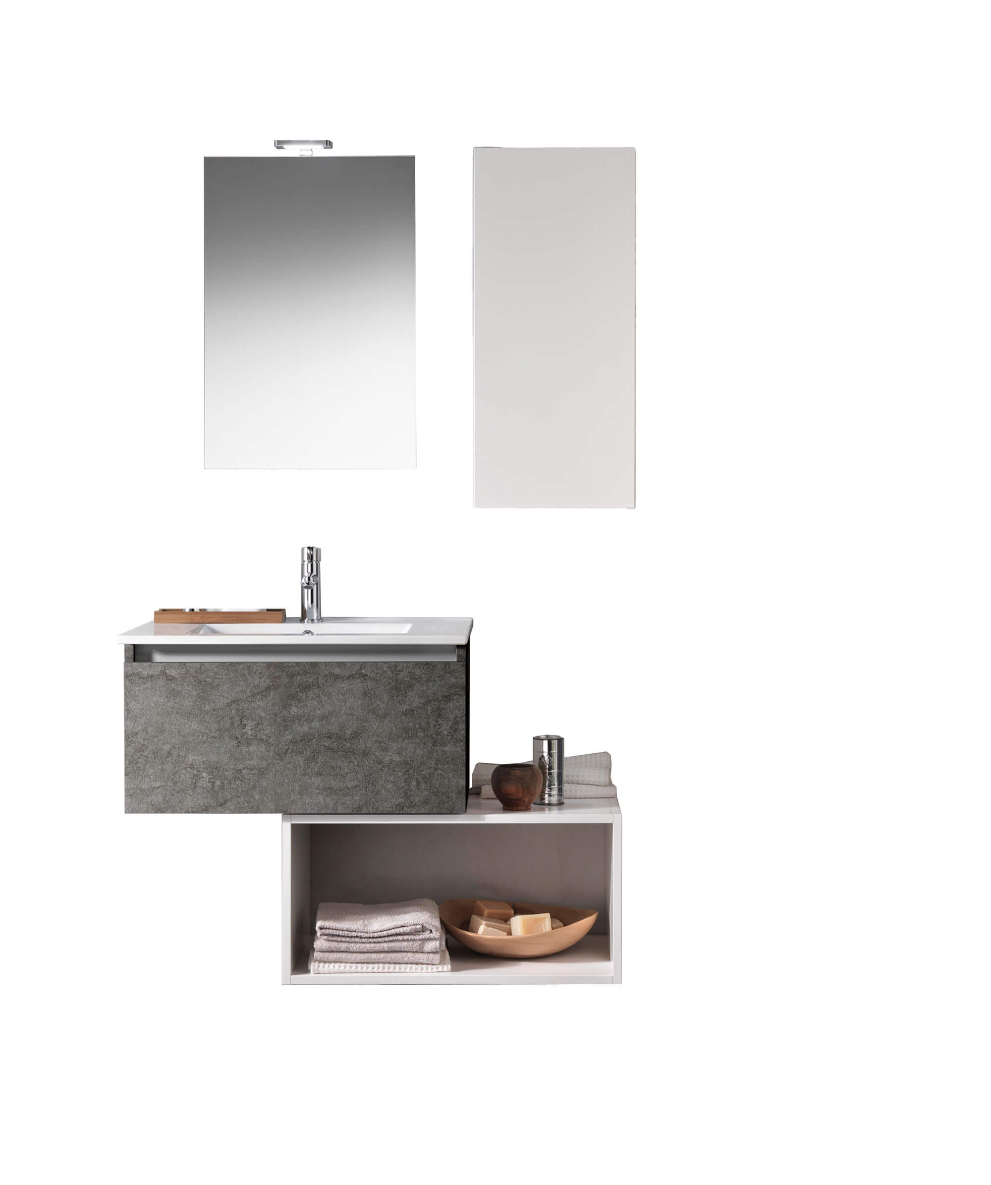 Mobile Bagno 70cm Sospeso Cassetto, Pensile, Vano a Giorno, Specchio E Lampada Ossido