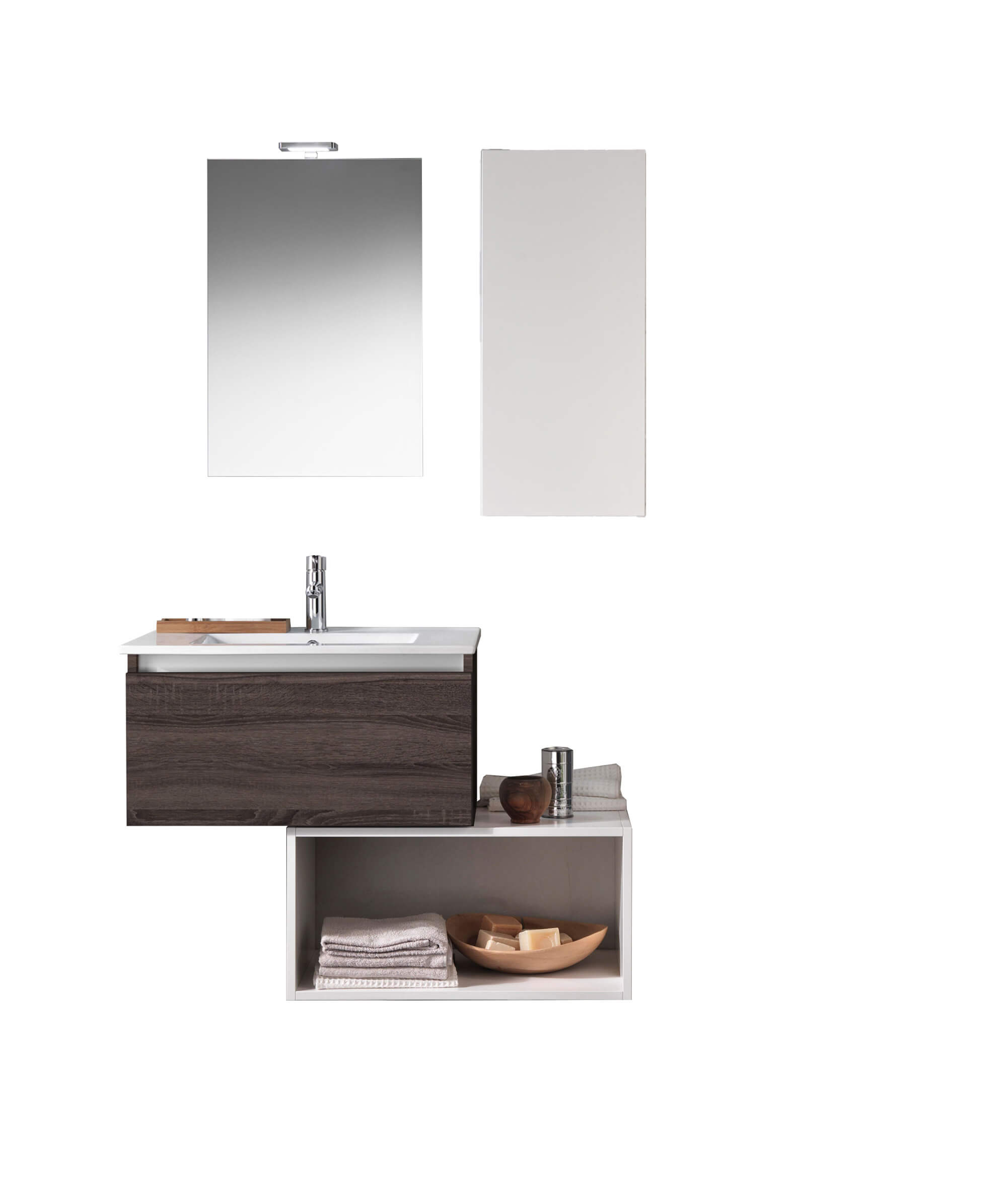 Mobile Bagno 70cm Sospeso Cassetto, Pensile, Vano a Giorno, Specchio E Lampada Tabacco Scuro
