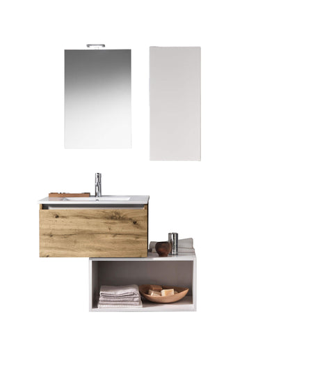 Mobile Bagno 70cm Sospeso Cassetto, Pensile, Vano a Giorno, Specchio E Lampada Rovere Miele