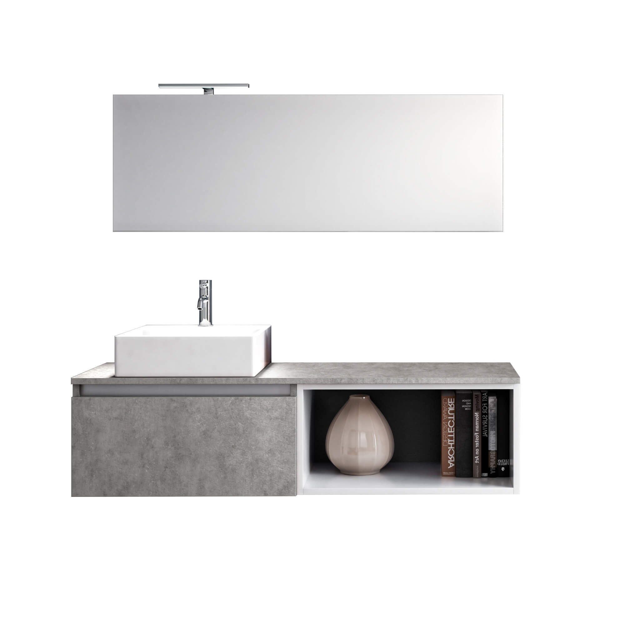 Mobile Bagno 70cm Sospeso Cassetto, Vano a Giorno, Specchio E Lampada Cemento
