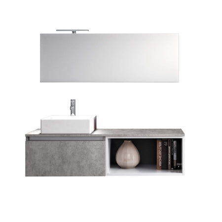 Mobile Bagno 70cm Sospeso Cassetto, Vano a Giorno, Specchio E Lampada Cemento