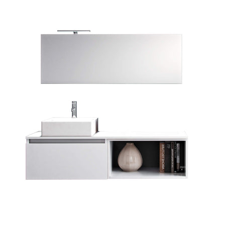 Mobile Bagno 70cm Sospeso Cassetto, Vano a Giorno, Specchio E Lampada Laccato Bianco Opaco