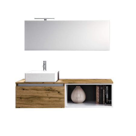 Mobile Bagno 70cm Sospeso Cassetto, Vano a Giorno, Specchio E Lampada Rovere Miele