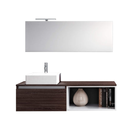 Mobile Bagno 70cm Sospeso Cassetto, Vano a Giorno, Specchio E Lampada Tabacco Scuro
