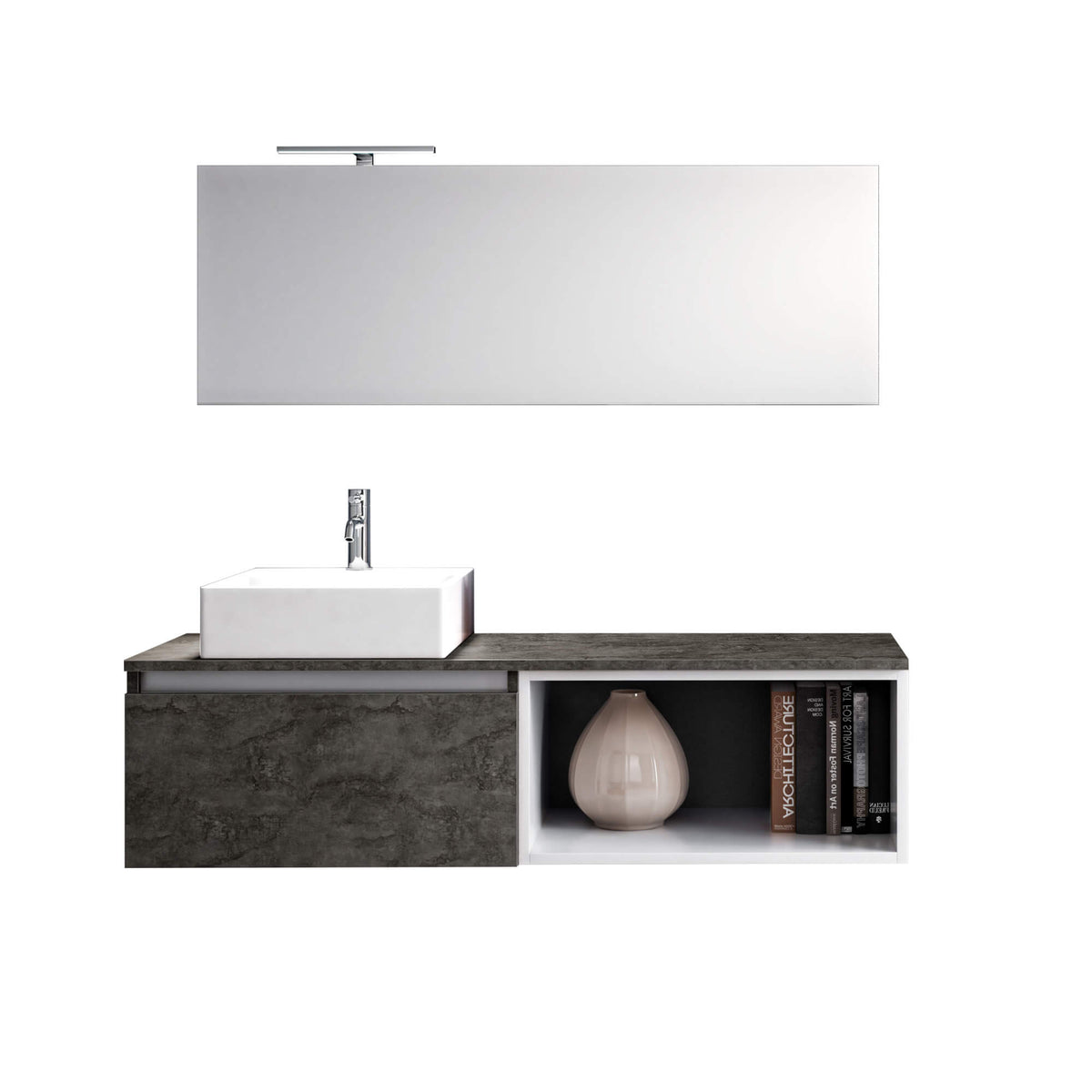 Mobile Bagno 70cm Sospeso Cassetto, Vano a Giorno, Specchio E Lampada Ossido
