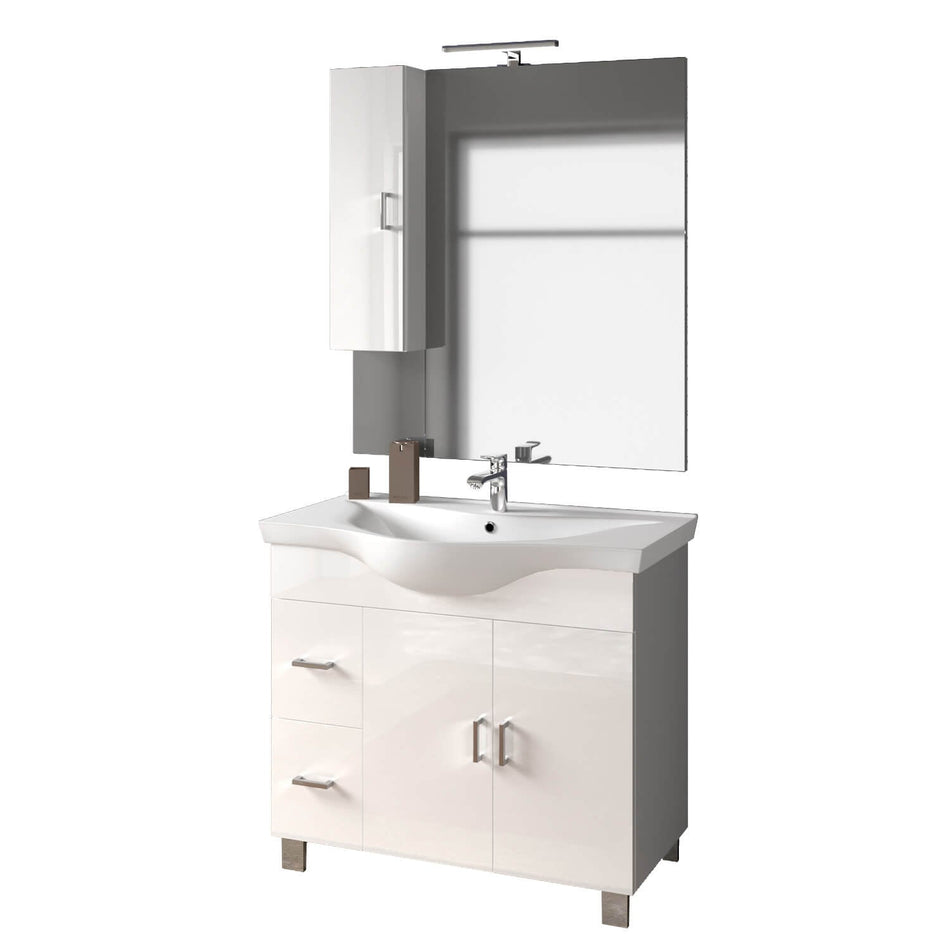 Mobile Bagno 80cm a Terra Due Ante E Cassetti, Specchio con Pensile e Lampada Bianco Laccato Lucido