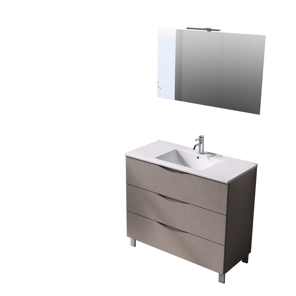 Mobile Bagno 80cm a Terra Effetto Pietra Tre Cassetti Specchio e Lampada Avana Effetto Pietra