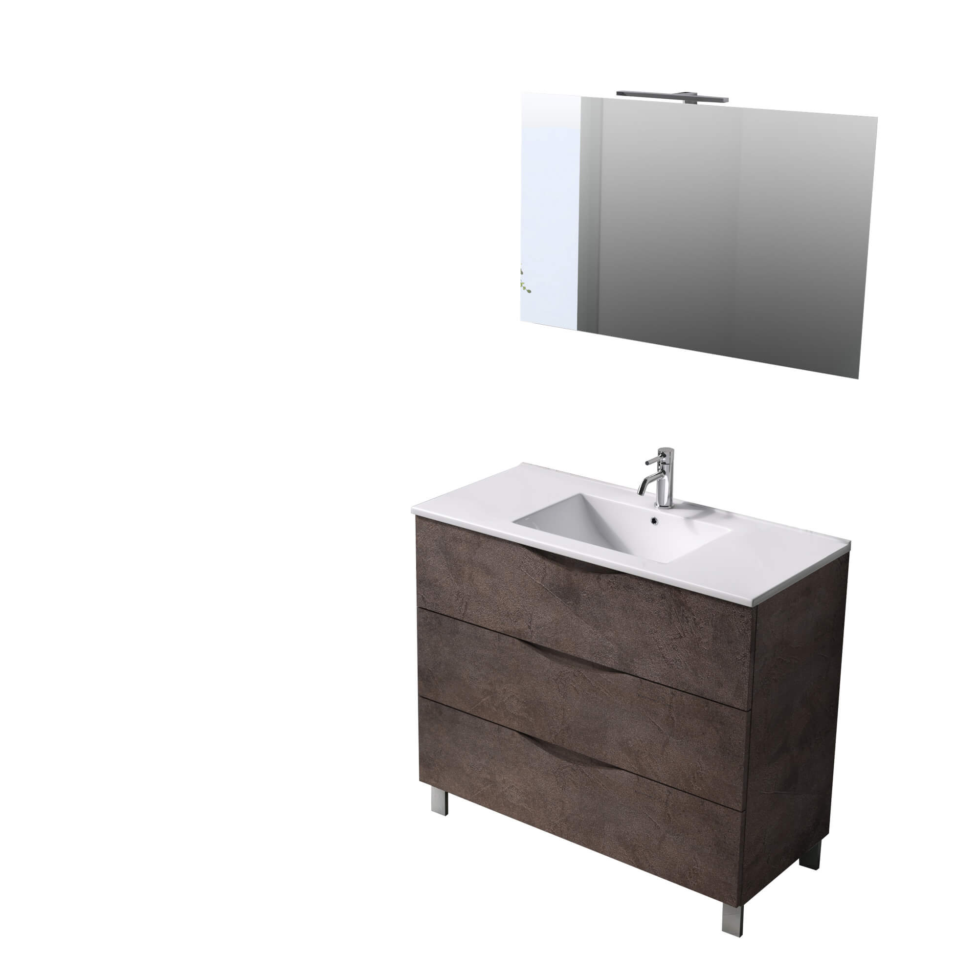 Mobile Bagno 80cm a Terra Effetto Pietra Tre Cassetti Specchio e Lampada Marrone Effetto Pietra