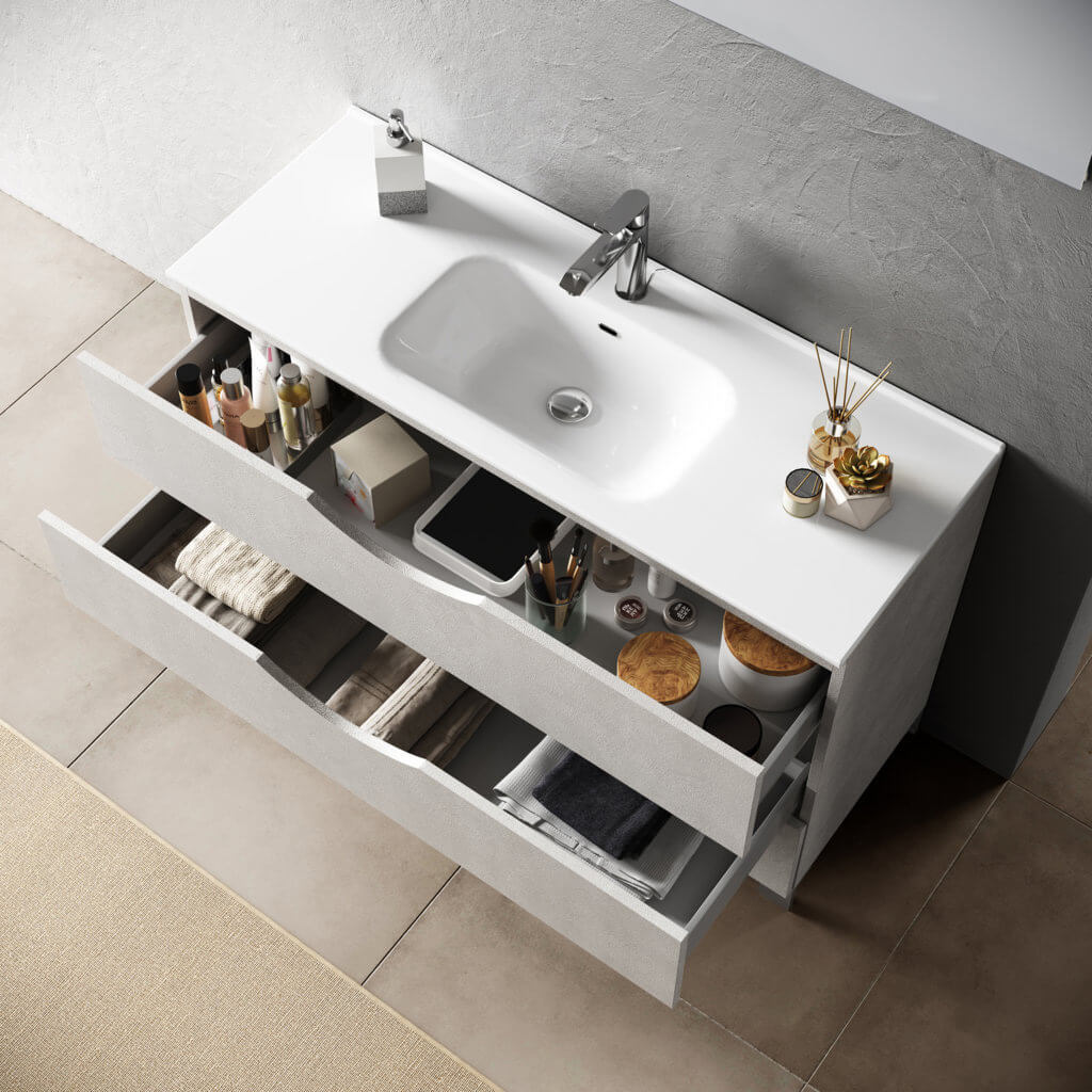 Mobile Bagno 80cm a Terra Effetto Pietra Tre Cassetti Specchio e Lampada