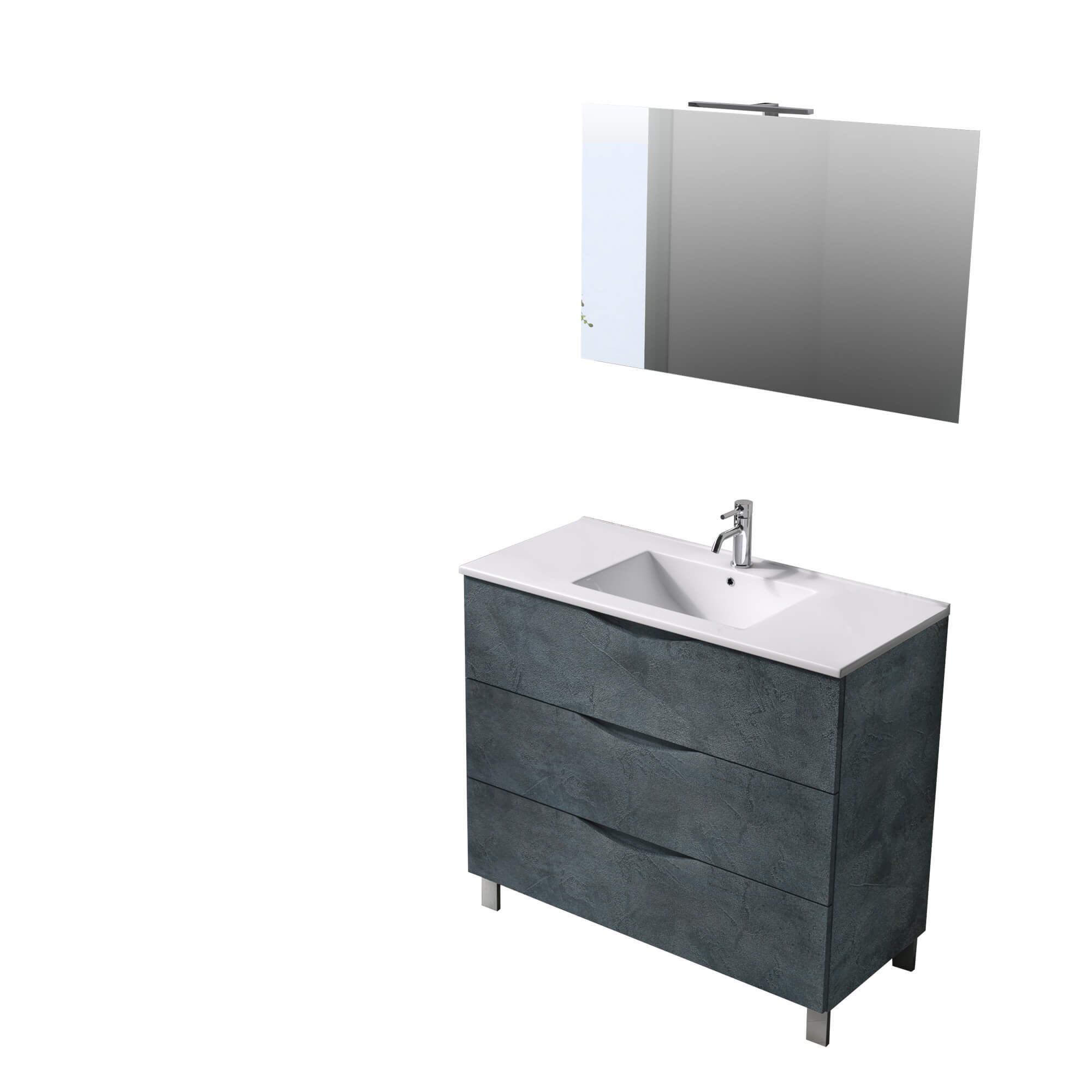 Mobile Bagno 80cm a Terra Effetto Pietra Tre Cassetti Specchio e Lampada Blu Effetto Pietra