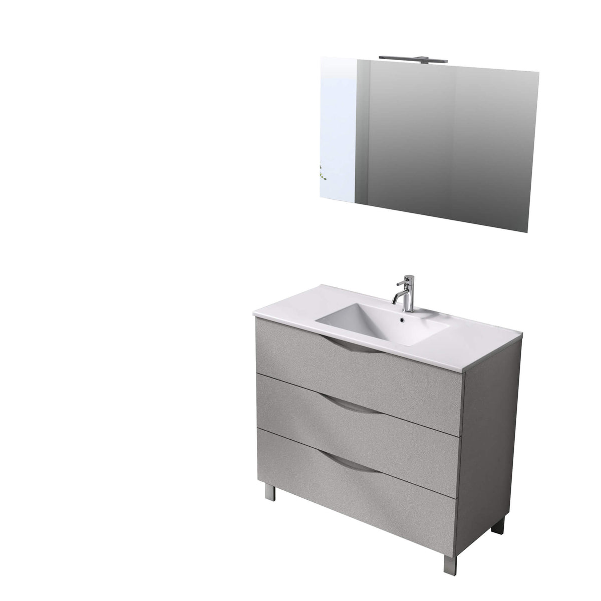 Mobile Bagno 80cm a Terra Effetto Pietra Tre Cassetti Specchio e Lampada Bianco Effetto Pietra