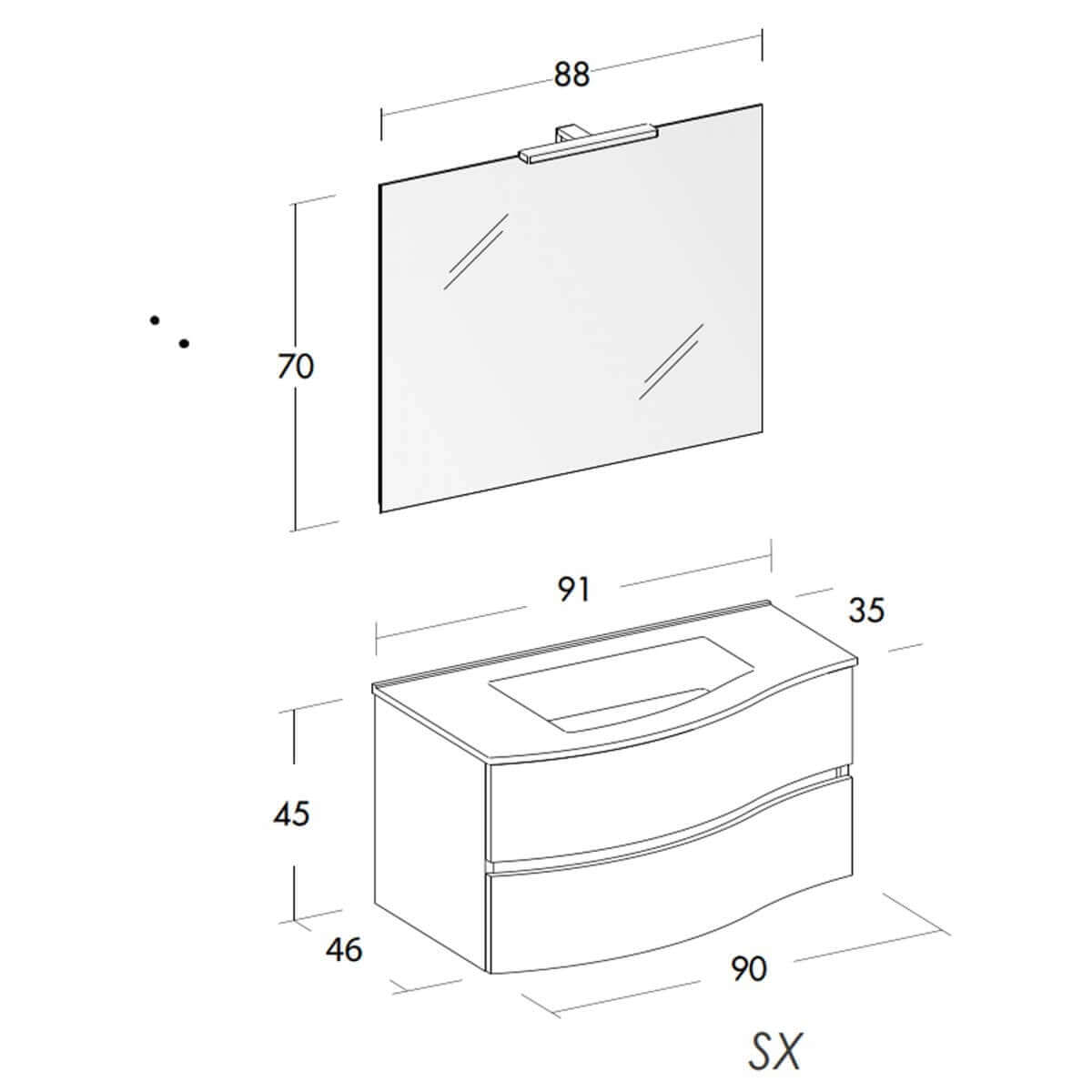 Mobile Bagno Curvo 90cm Sospeso Con Cassettoni